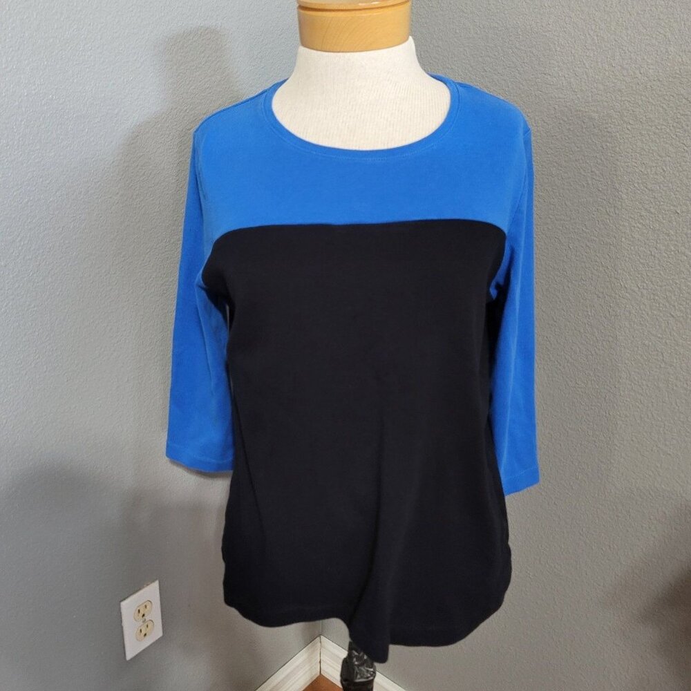 Kim‎ Rogers Women's Top Blue / Black Size Large 3/4 Sleeve 100% cotton